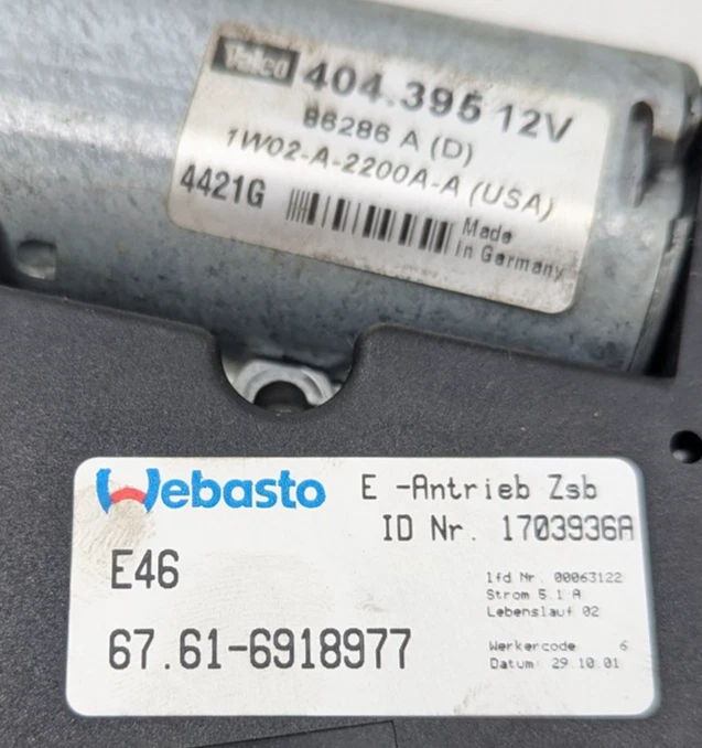 99-06 BMW 323i 325i 328i 330i 740i 750i M3 (E46 E38) MOTOR TECHO CORREDIZO ELÉCTRICO AJUSTE Foto 2 de 4