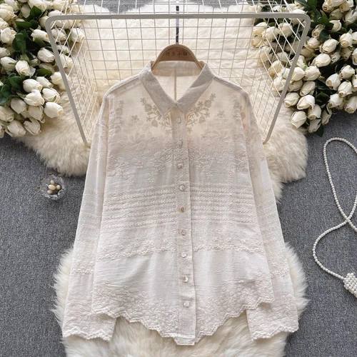 Lady Blouse Shirt Top Lace Floral Embroidery Button Ethnic Long Sleeve Basic New - Picture 3 of 31