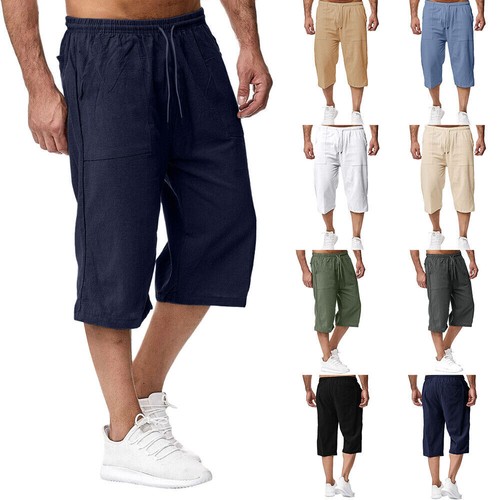 Pantalones Cortos de Carga Para Hombre Algodón Lino Cintura Elástica 3/4 Longitud Capri Cortos - Imagen 31 de 31