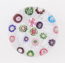 antique Clichy miniature spaced millefiori glass paperweight on muslin ground