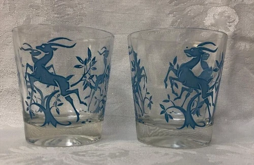 2 Vintage Mid Century Federal Glasses Aqua Gazelle Deer Tumbler 3.25" x 3" EUC