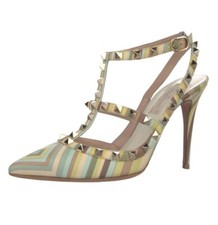 Valentino Rockstud Accents Patent Leather T-Strap Pumps Tan Gold Size: 7 / IT 37