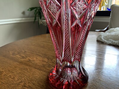 GERMAN BLEIKRISTALL CRANBERRY RED CUT/CLEAR 24% LEAD CRYSTAL VASE