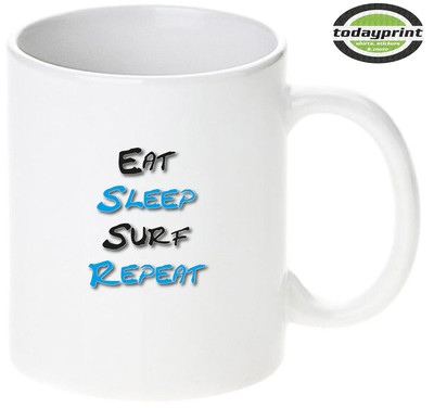 EAT SLEEP SURF REPEAT, Surfing, Beach, Tasse Becher, Mug, Geschenk, bedruckt
