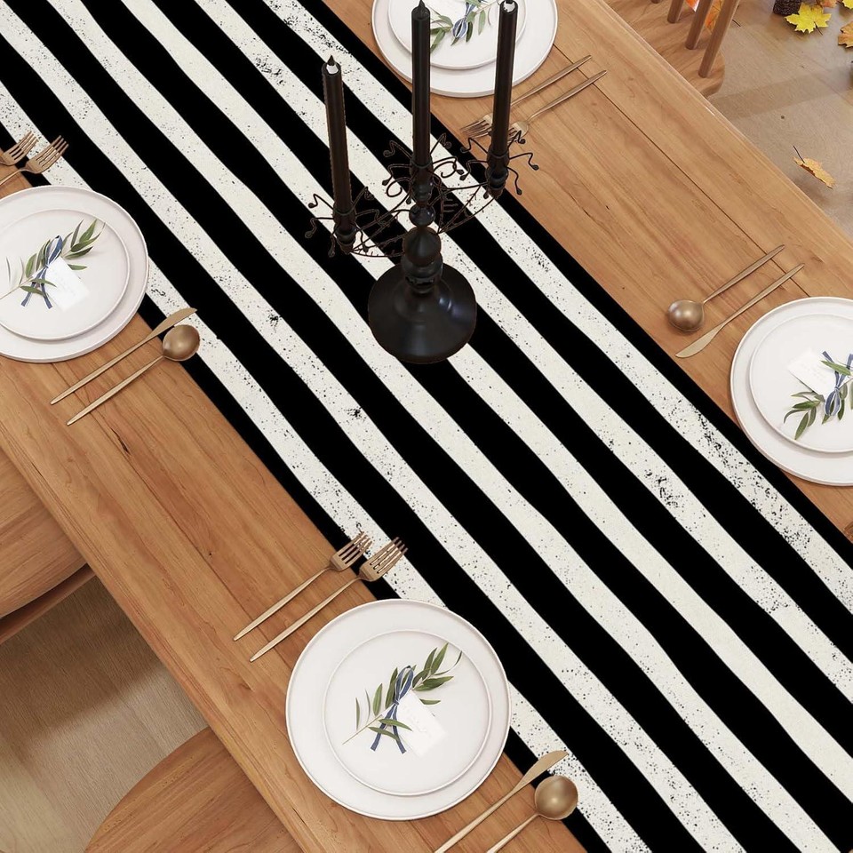 Linen Black And White Stripe Beetlejuice Halloween Table Runner 72