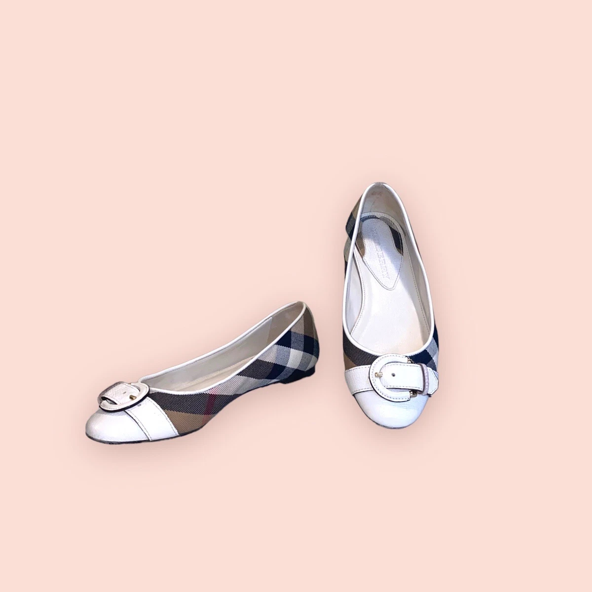 BURBERRY Nova Check Plaid White Leather Buckle Ballet Flats Shoes