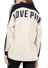 Victoria's Secret Pink V-Neck Varsity Crew Sweatshirt Beige Stripe Logo NWT