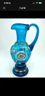 Blue Art Glass Pitcher Hand Painted Floral Design Decorative Glossy Glass