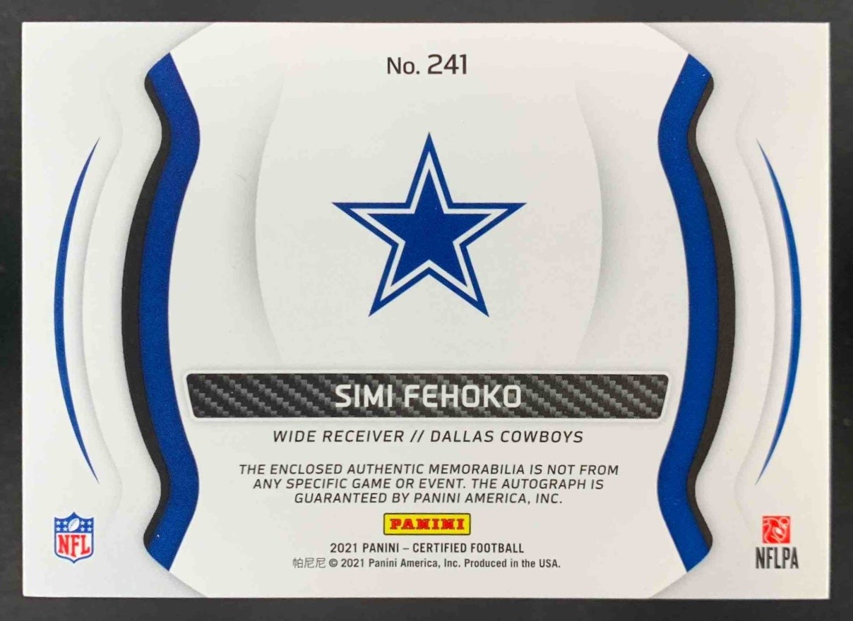 Simi Fehoko 2021 Panini Certified Freshman Fabric Mirror Teal Patch Auto RC 1/10 view 2