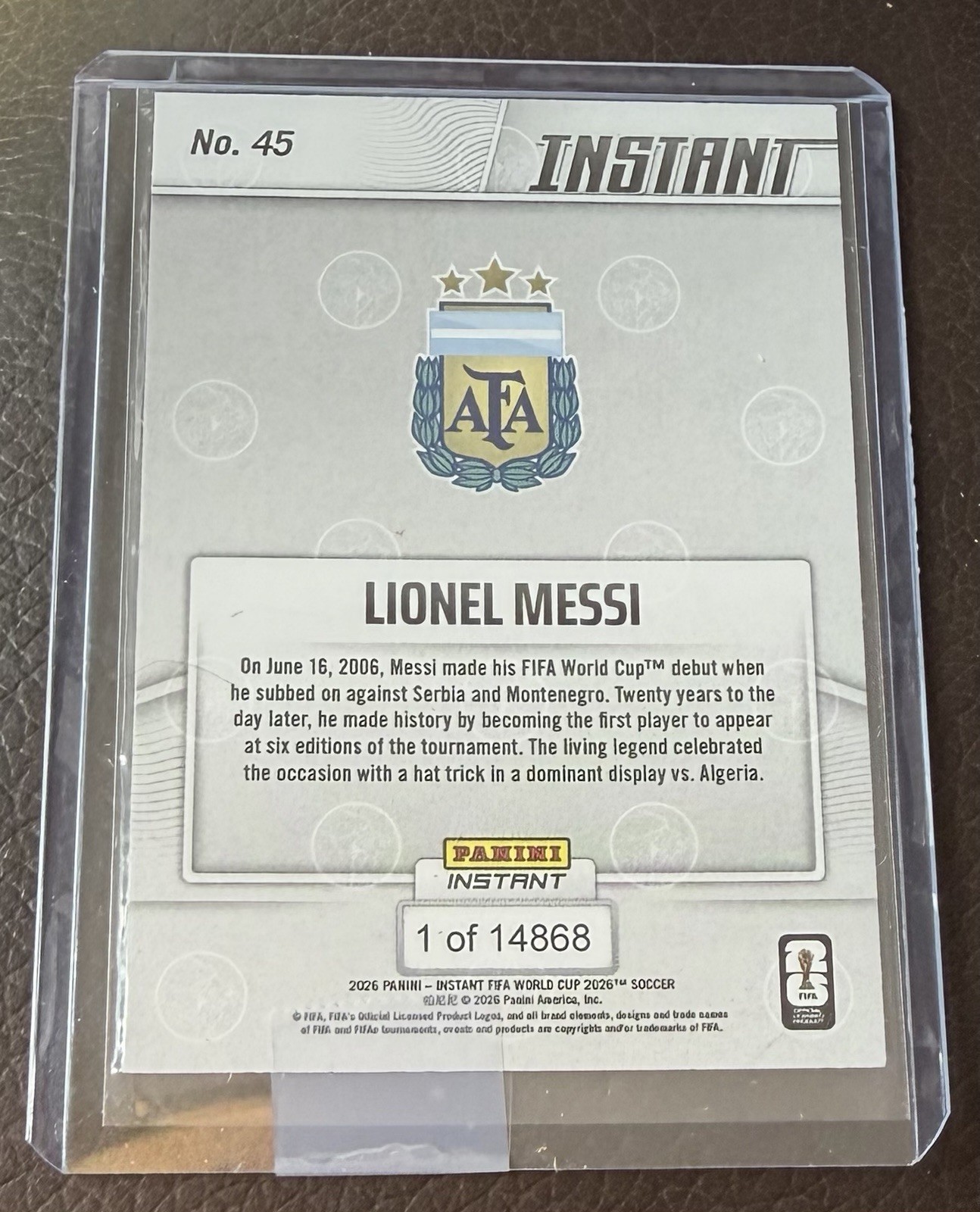 In Hand  2026 Panini Instant FIFA World Cup #45 Lionel Messi Argentina GOAT view 2