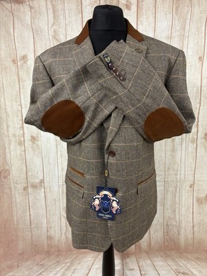 Marc Darcy DX7 Herren 48  Tweed Anzug Sakko Blazer Samt Ellenbogen hellbraun -NEU UVP 175£