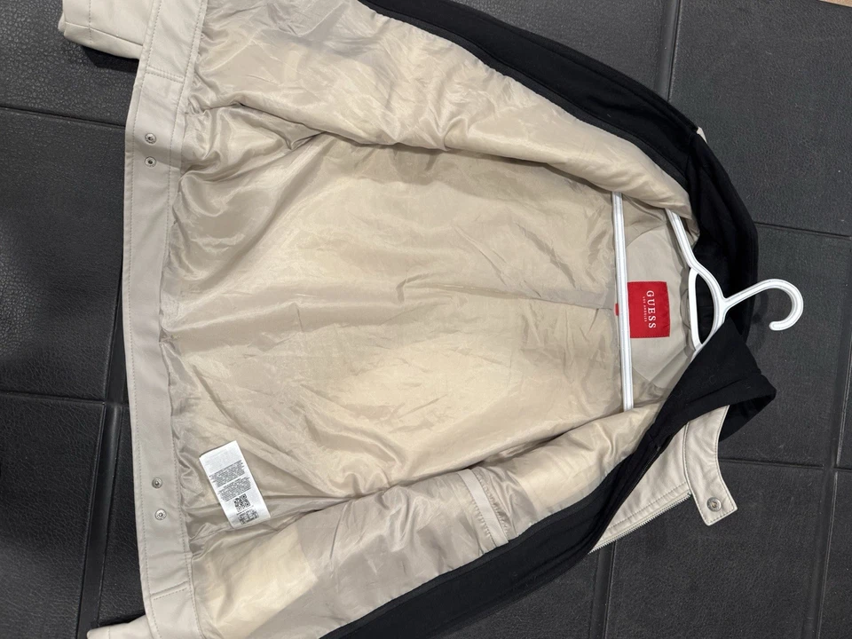 Guess Davino Imitación Cuero Capucha Hombre M Moto Chaqueta Beige Negro Capucha Extraíble Foto 4 de 4