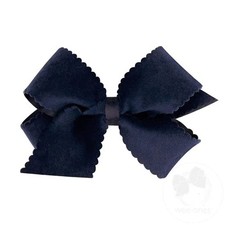 Girls' Grosgrain Hair Bow with Scalloped Edge Faux Velvet Overlay, Medium, Navy