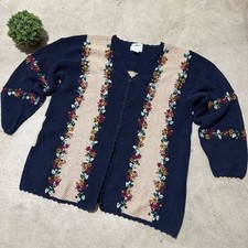 Vtg Hand Embroidered Chunky Knit Cardigan Sweater Size XL Granny Cottagecore