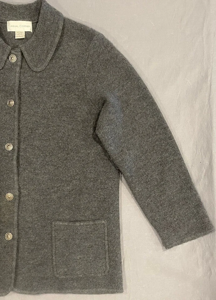 Cárdigan Suéter Casual Esquinero Para Mujer L Gris 100% Lana Bolsillo Botón Grannycore Foto 2 de 4