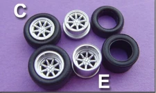 VINCENT WHEELS (C)(E) MINI LITE CHROME W/TIRES FOR TJET SLOT CARS