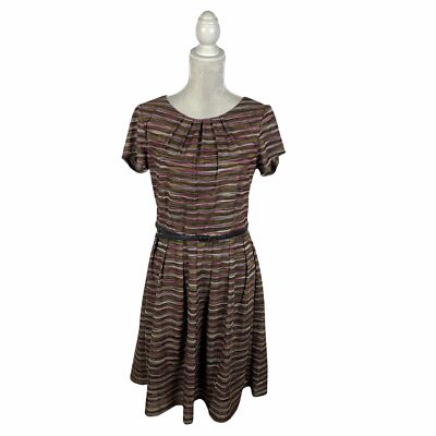 Ellen Tracy Variegated Knit Midi Dress Belted Pleats Purple Black Gold White  12 | eBay