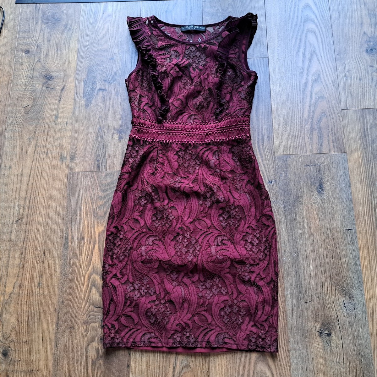 Little Mistress burgundy red lace ruffle fitted shift dress 10 Christmas  party | eBay UK