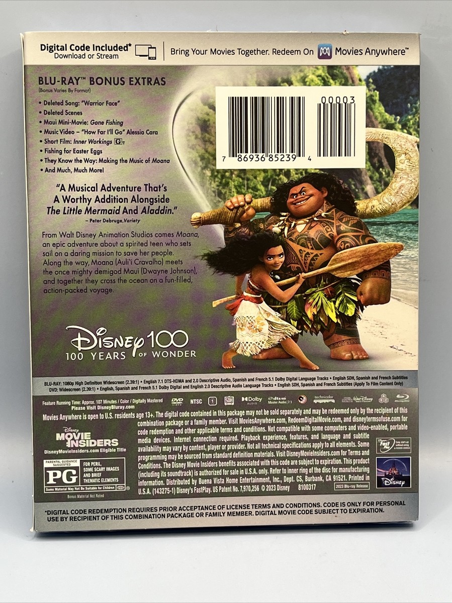 Moana (Blu-ray/DVD, 2017, 2-Disc Set+Digital Copy) With Slip Cover