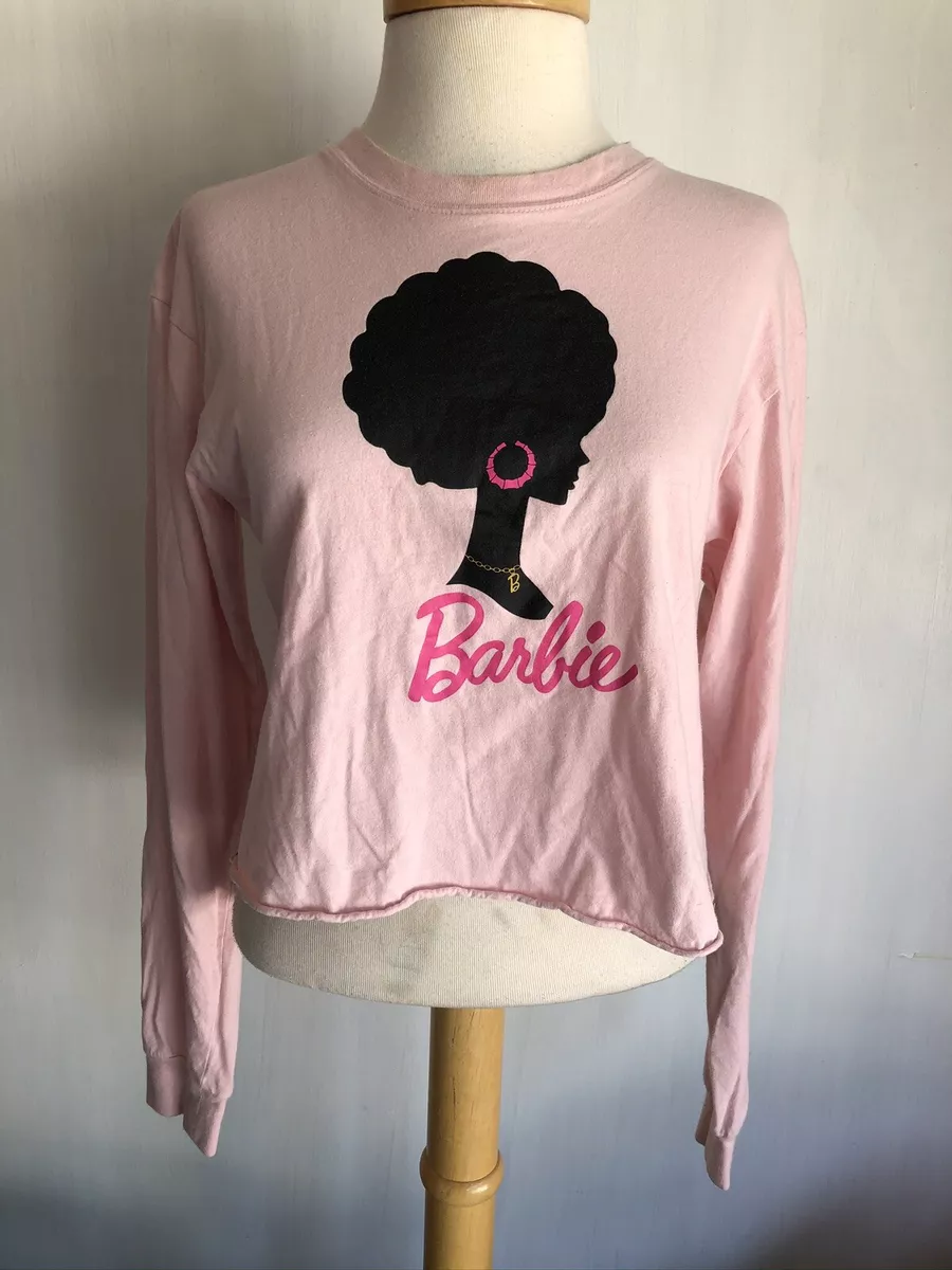 BLACK BARBIE Official Women's Pink Long Sleeve Crop Top Silhouette T-Shirt  Small