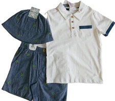 NWT Tommy Bahama 3pc SET White Polo Shirt+Blue Hat & Shorts Boy S 5-6 Palm Trees