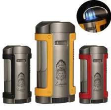 LUBINSKI Torch Cigar Lighter With Leather Case 4 Jet Flame Refillable Butane