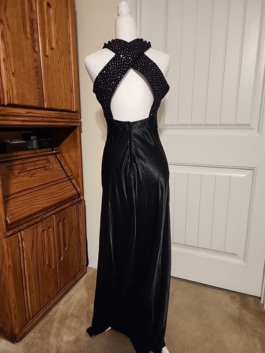Vintage 90's L.A Glo Black Satin Maxi Gown with Rhinestone Accents Size 9/10 - Picture 4 of 13