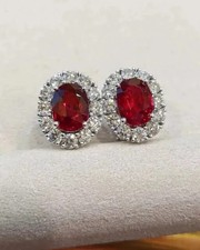 Lab Created Red Ruby 3.00Ct Oval Cut Halo Stud Earrings 14K White Gold Plated