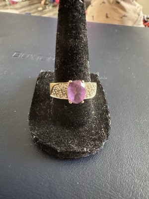 Vtg Gold Tone Faux Amethyst Purple Clear Glass Rhinestones Cocktail Ring Sz 8