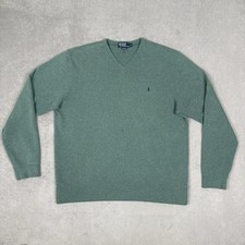Vintage Polo Ralph Lauren V-Neck Sweater Mens XL Green Pony Cotton Pullover