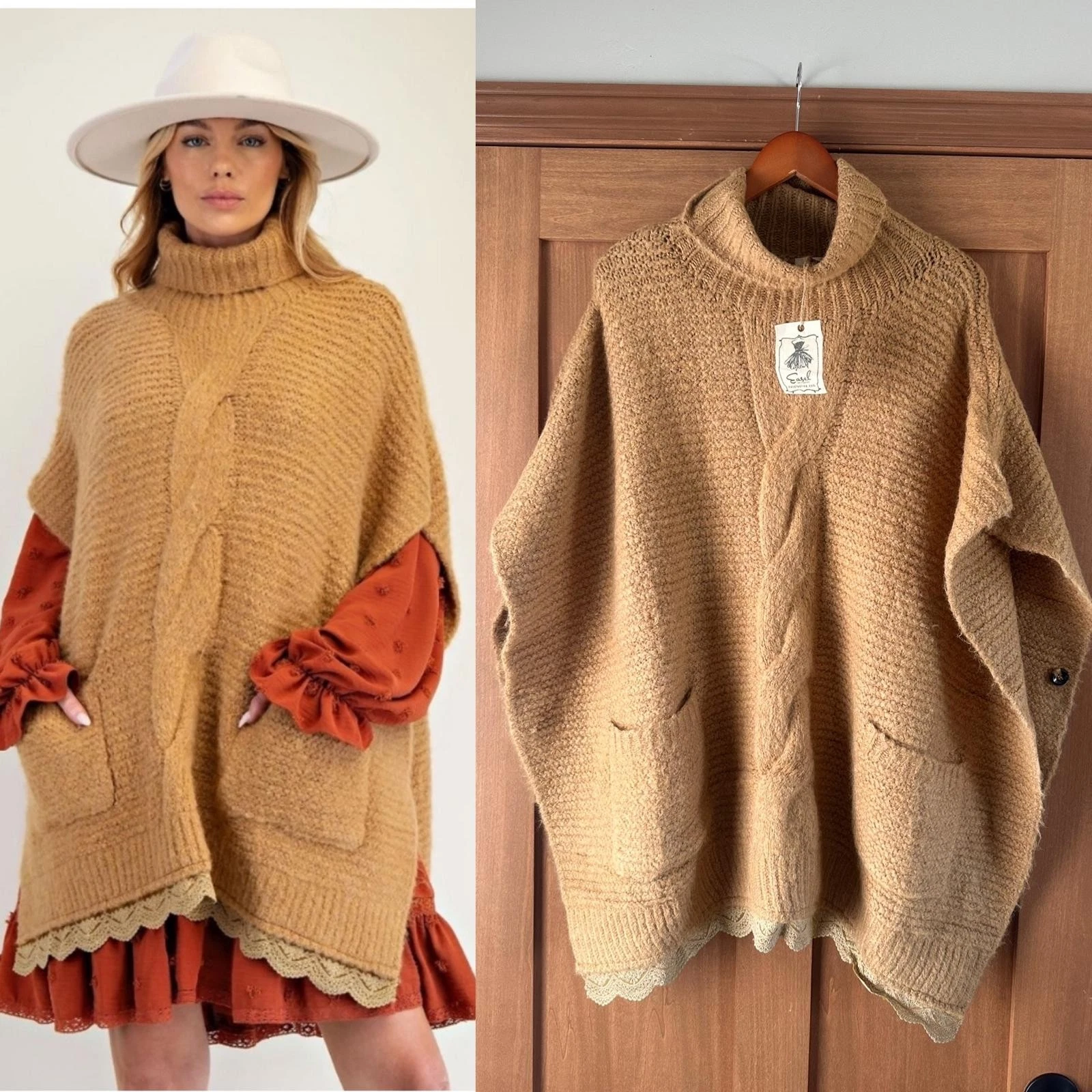 NWT Easel Wool Blend Turtleneck Lace Bottom Poncho Sweater Camel Women’s Large
