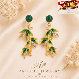Authentic Green Jade Crystal Bamboo Leaf Drop Dangle Earrings 18K Gold Plated Boho Jewelry