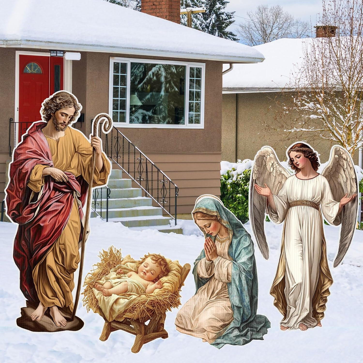 4Pc Outdoor Nativity Set Yard Signs with Stakes Christmas Manger Decorations