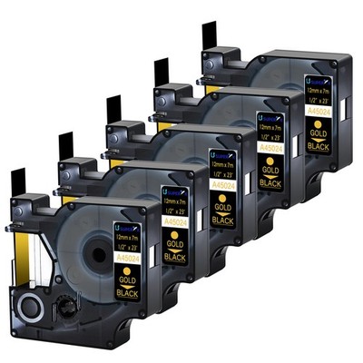 5PK Compatible for DYMO D1 45024 LabelManager 150 200 Label Tape Gold/Black 12mm