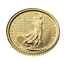 Britannia 2022 1/10oz Gold Bullion Coin, 999.9 Fine Gold, RM Capsule & package.