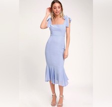 LULUS Bimini Periwinkle Blue Swiss Dot Tie-Strap Midi Dress SZ M