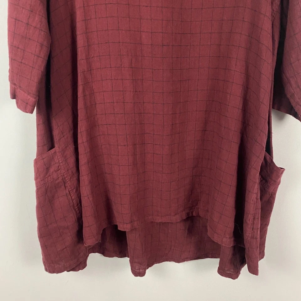 Túnica Columpio Corte Suelta Lino Talla Grande Borgoña Bolsillos Mangas 3/4 Lagenlook Foto 3 de 4