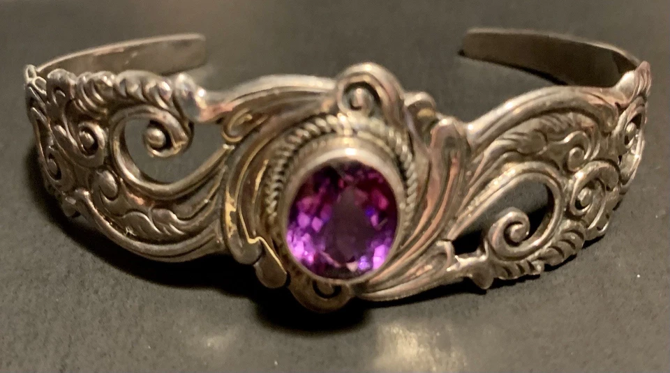 925纯银紫水晶金银卷轴开口袖口手链 — 第 4/4 张图片