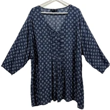 Chelsea Studio Tunic Top Women 3X Navy Floral Rayon Boho 3/4 Sleeve