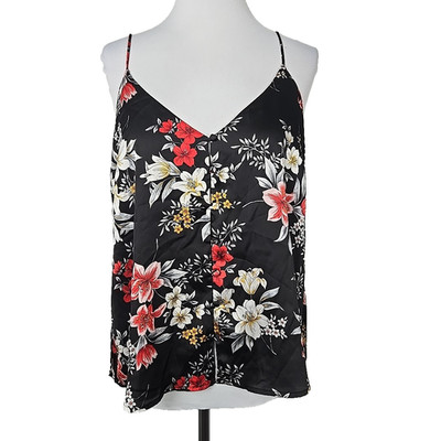 LUSH Black Floral Satin Lined Spaghetti Strap Tank Top Button Blouse Large L