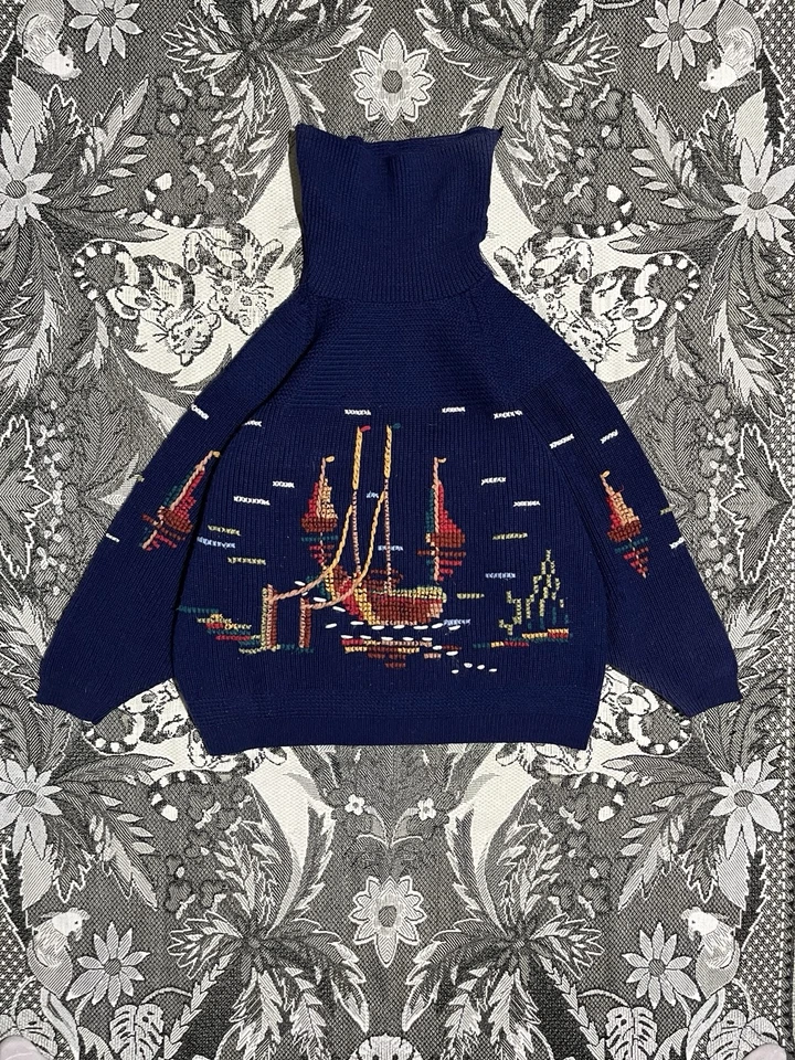 Vintage 90s Handmade Sweater Sea Theme Y2K Size Large Blue Mens - Image 2 of 4