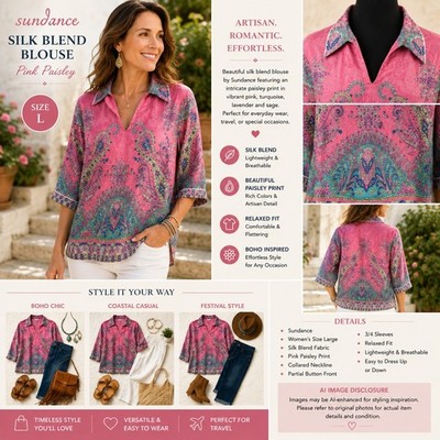 Sundance Silk Blend Blouse Womens Large Pink Paisley Boho Artisan Tunic Top