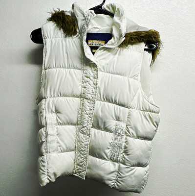 Arizona Girls White Hooded Puffer Vest Faux Fur Trim L Full Zip Winter