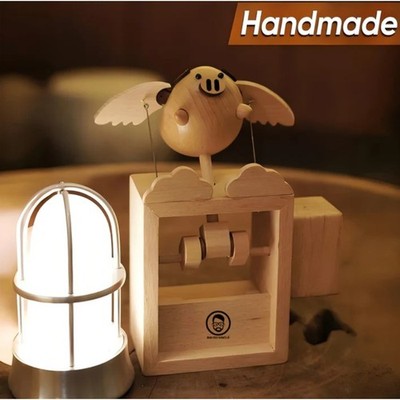 Handmade Wooden Statue Flying Pig Works of Art Made of Wood