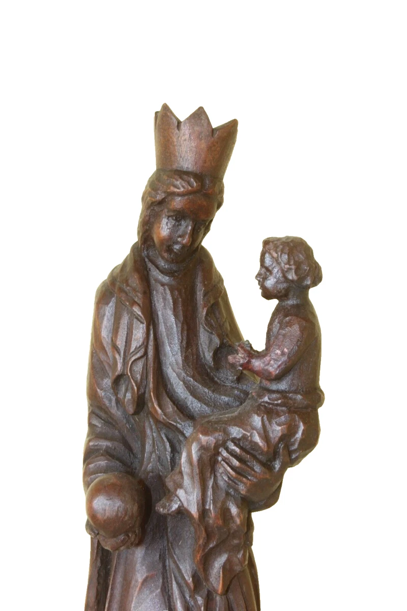 Antik Vintage Gotisch Madonna Jesuskind Weltkugel Skulptur Holz geschnitzt
