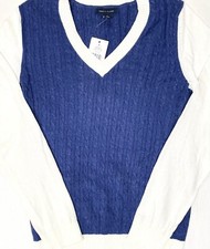 Tommy Hilfiger Cable-Knit Sweater LARGE Blue w/ White Sleeve Trim MSRP 64.50