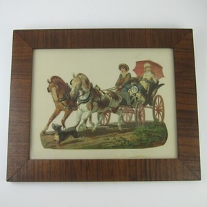 Victorian Framed Print Chromo Cutout Children Ride Horse Carriage Antique 1889