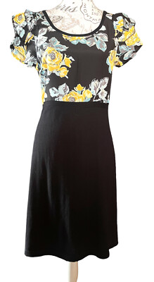 Oasis neu mit Etikett UK Medium 36-38'' schwarz Blumen A-Linie Kleid Rüschenärmel UVP 55 £