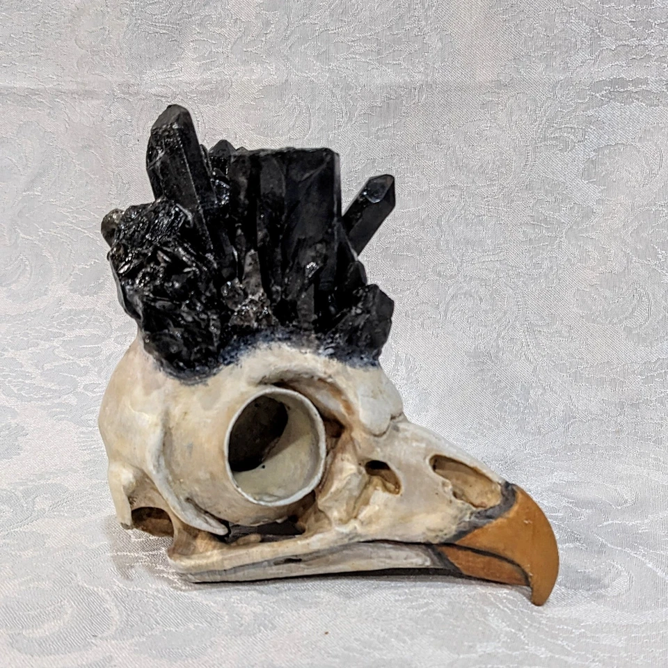 Réplica impresa en 3D de calavera de búho barrado con cristales de cuarzo ahumado pintada a mano Foto 2 de 4