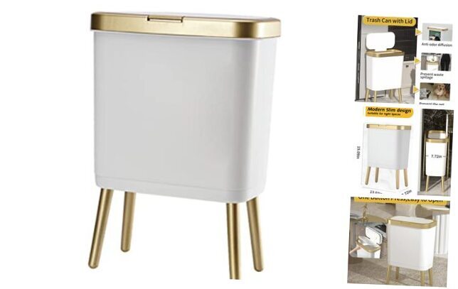 Bathroom Trash Can with Lid, Plastic Garbage Can with Lid, 4 Gal Gold White
